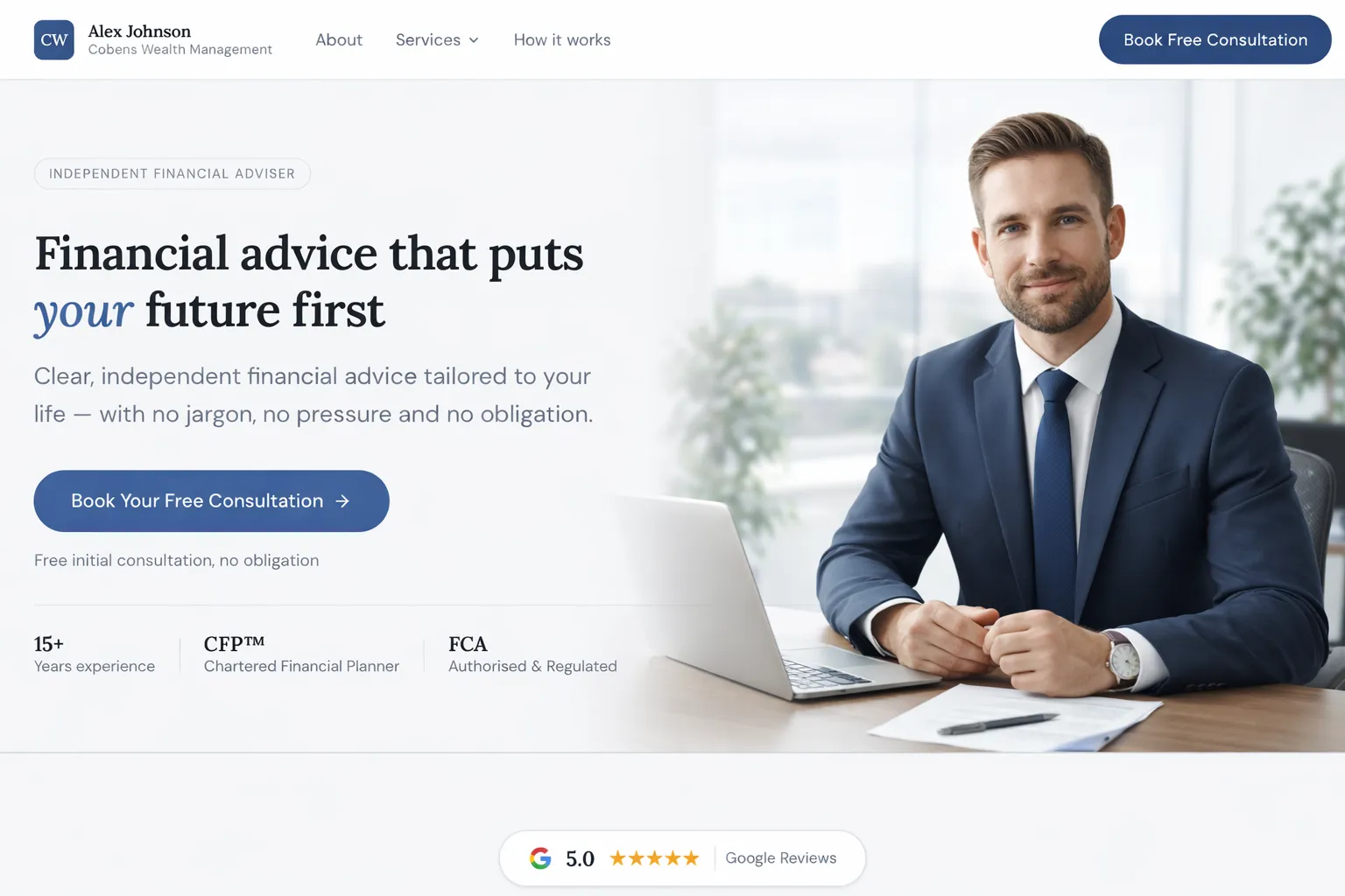 Alex Johnson - Cobens Wealth Management website mockup